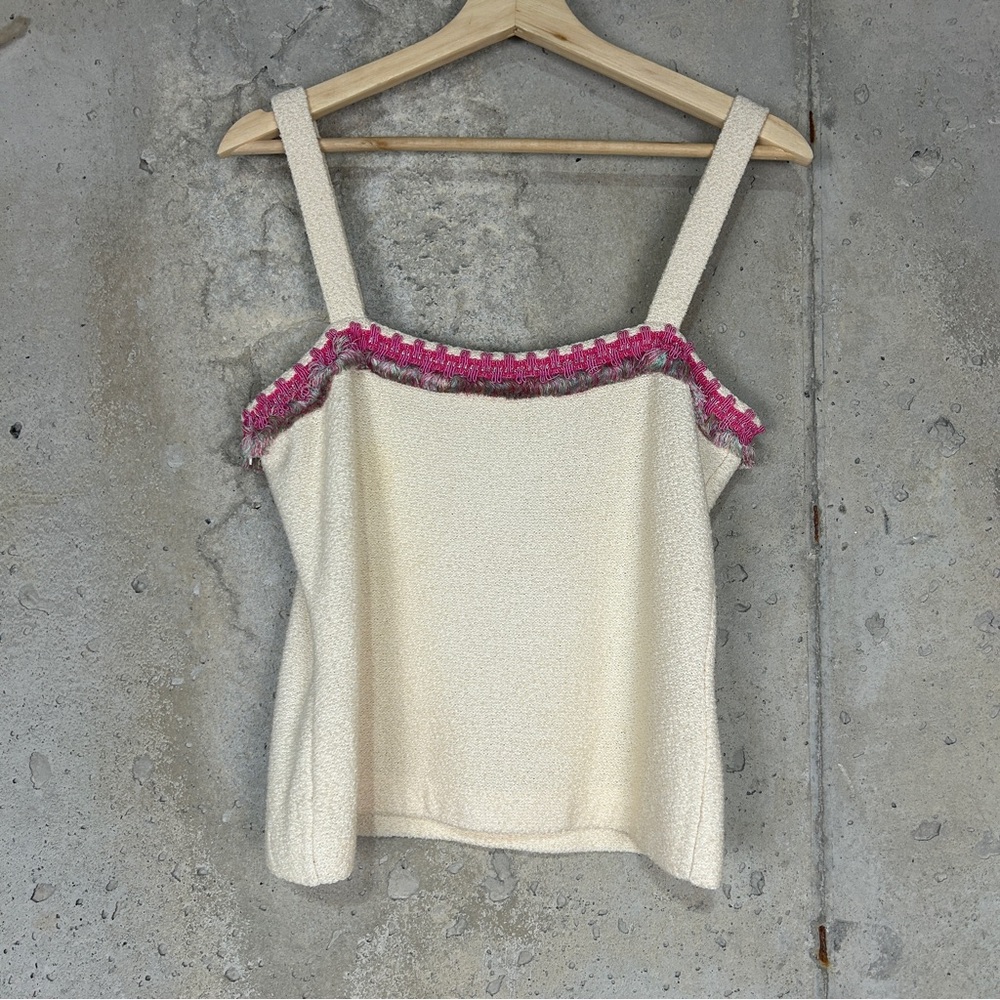St. John cream textured knit tank top pink fringe accent small